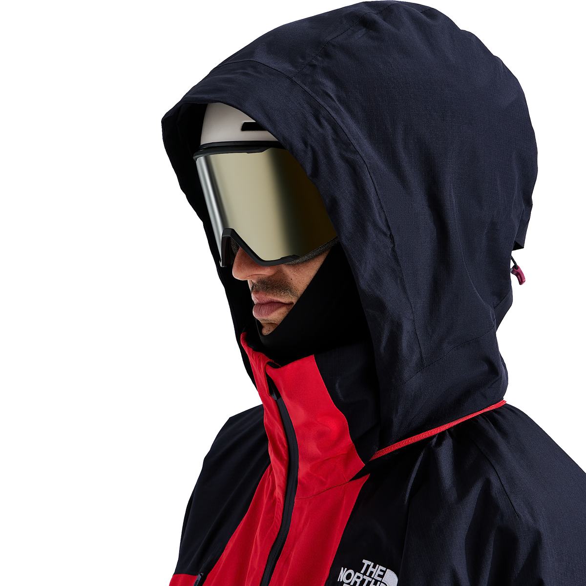 The North Face Men's Snowsquall Jacket in Elevation Red TNF Black hood on model