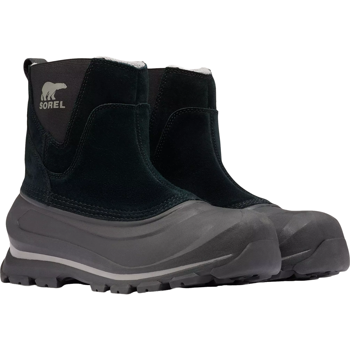 Sorel Buxton Pull On Boot in Black Quarry lateral view side by side