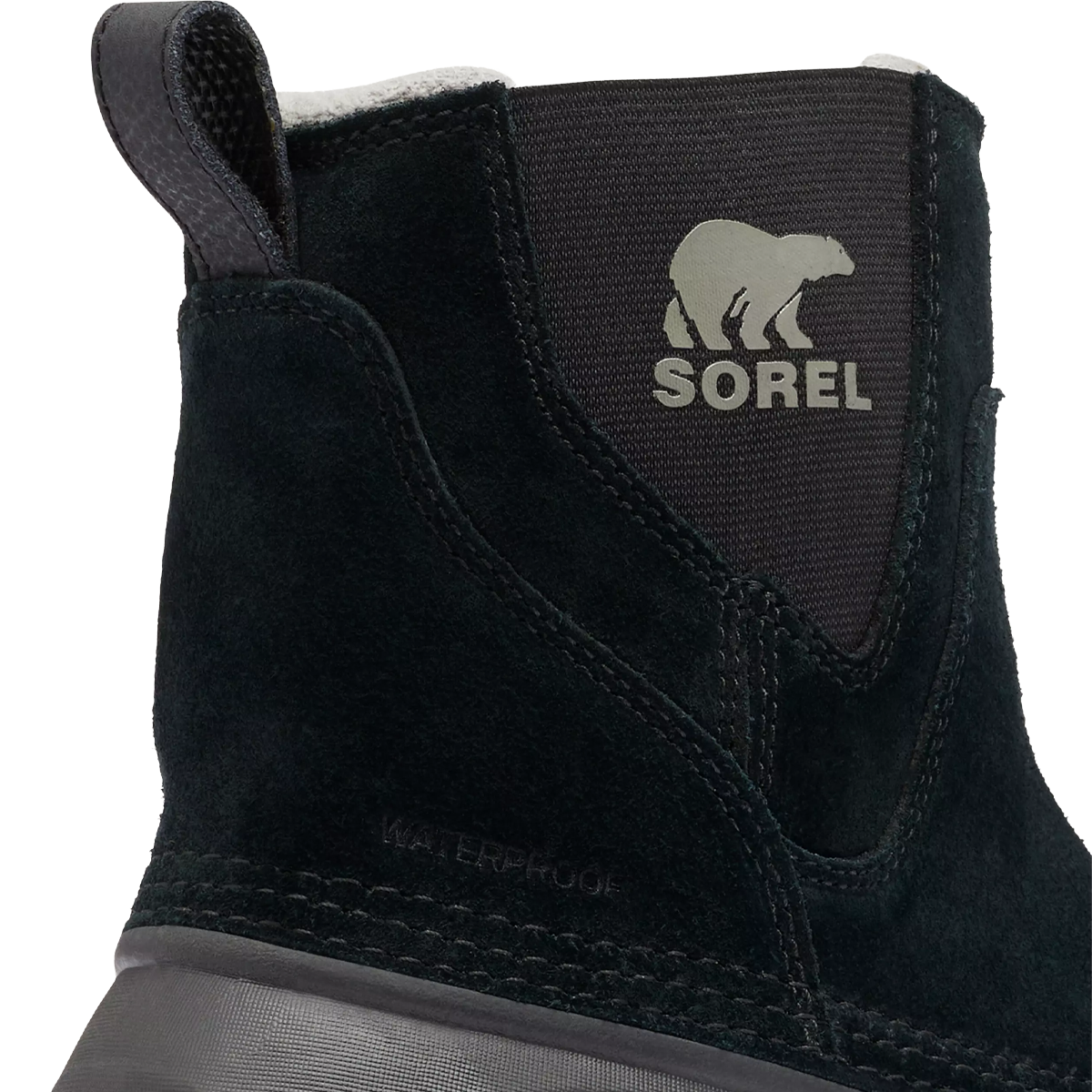 Sorel Buxton Pull On Boot in Black Quarry logo detail