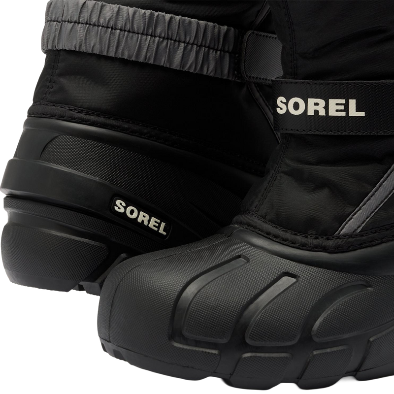 Sorel Little Kids Flurry in Black Sea Salt front and back logo detail
