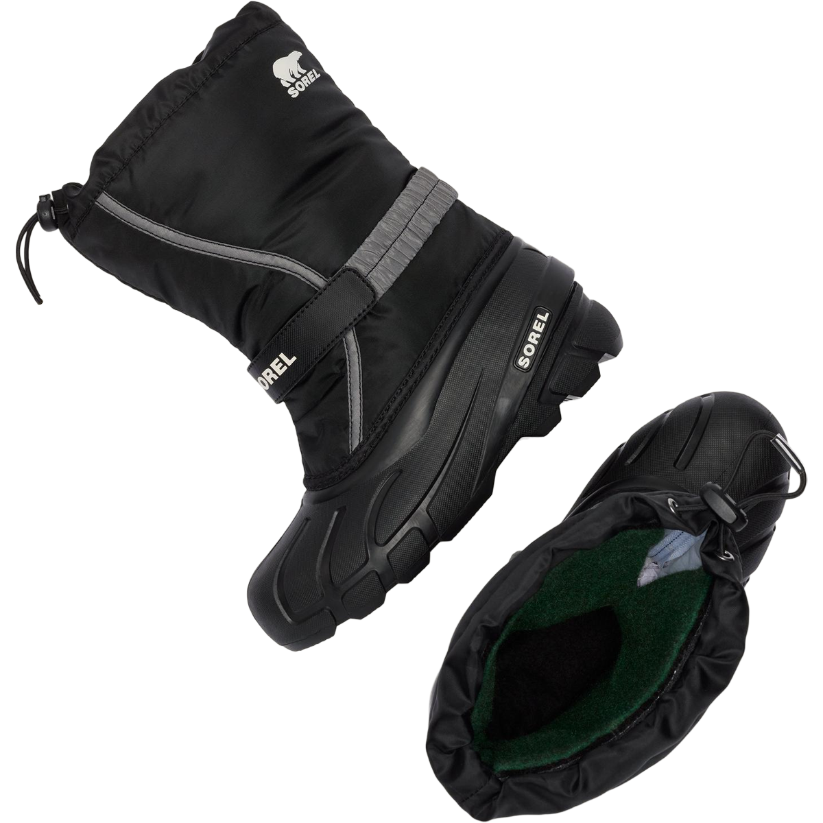 Sorel Little Kids Flurry in Black Sea Salt lateral and inside liner detail