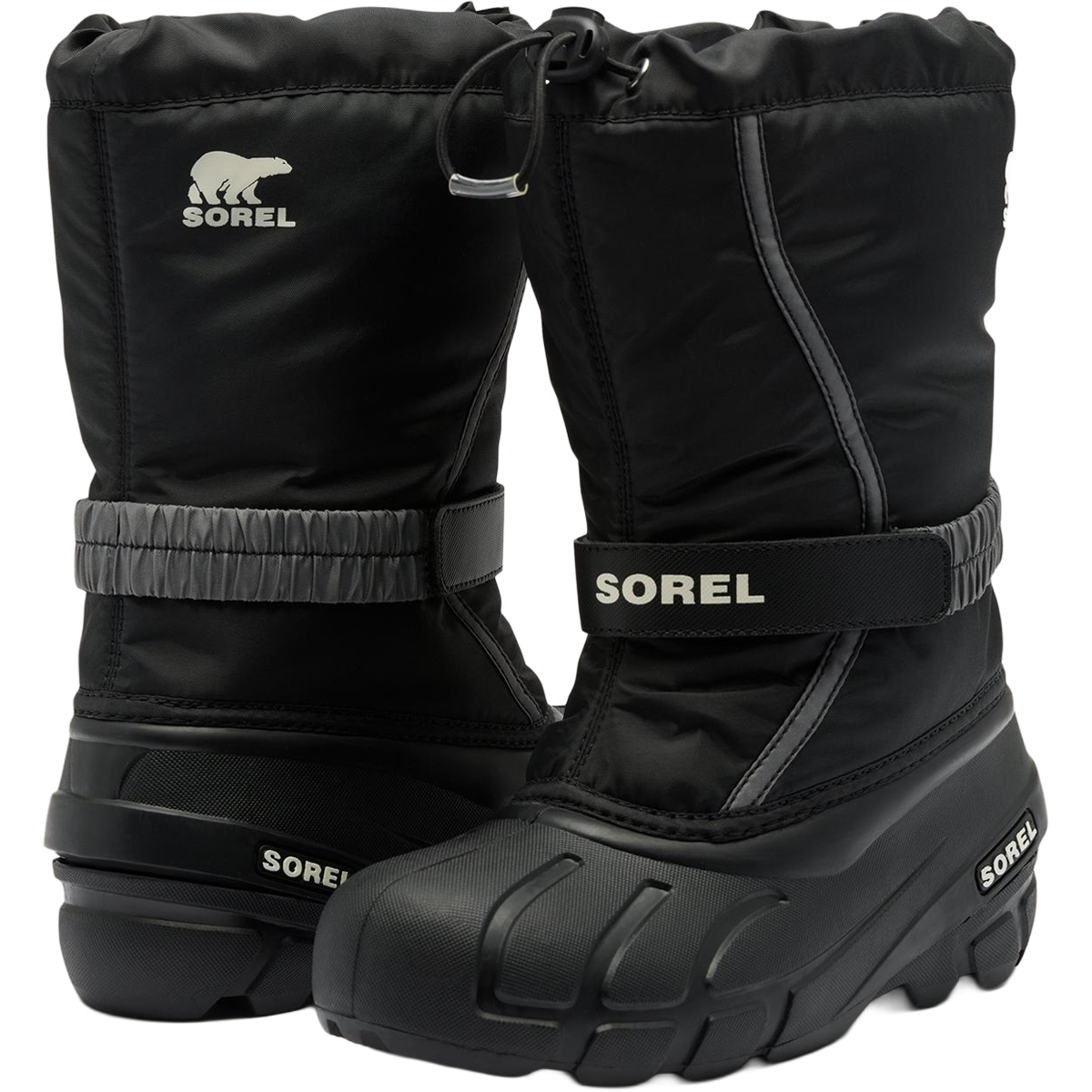 Sorel Little Kids Flurry in Black Sea Salt front and back rubber detail