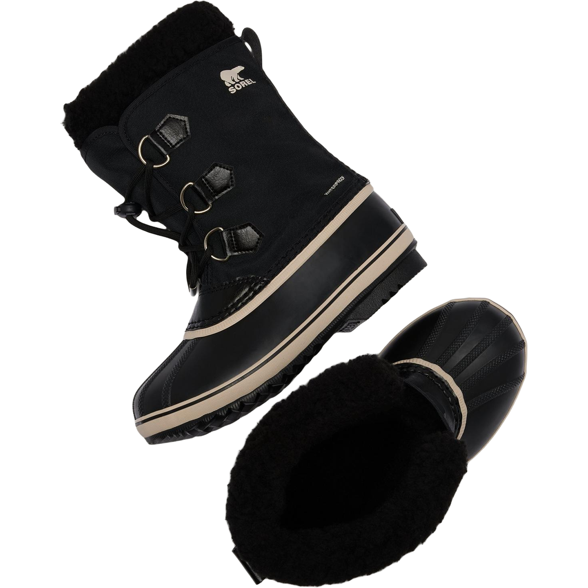 Sorel Big Kids Yoot Pac Nylon in Black Black top view with  lining detail