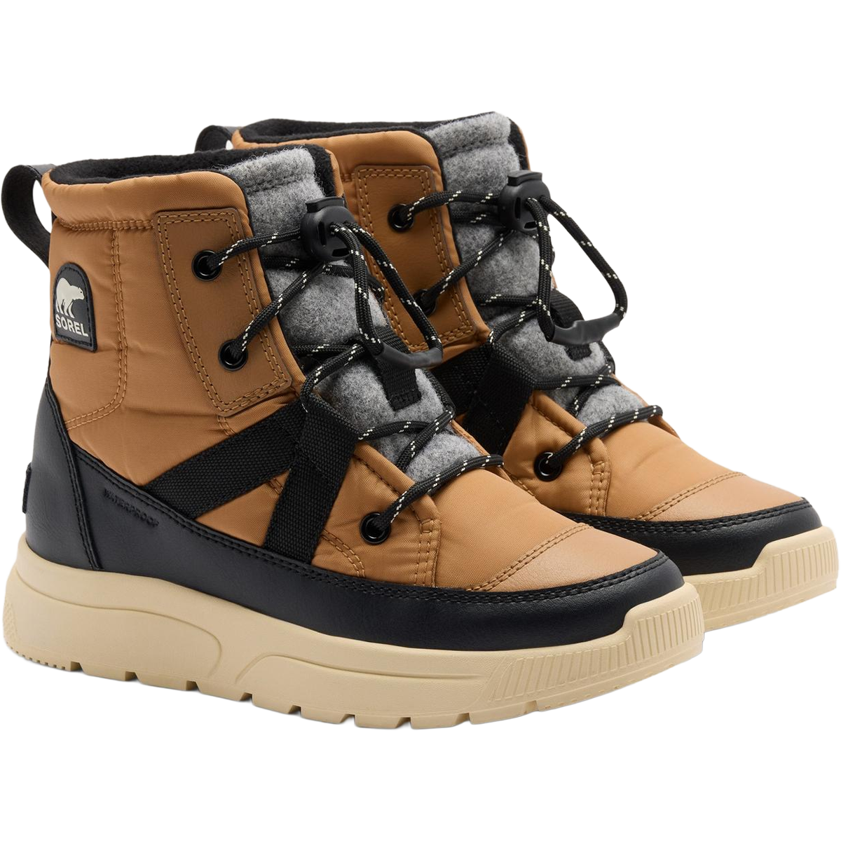 Sorel Big Kids Whitney III Mid Winter Boot in Tawny Buff Bleached Ceramic side by side 