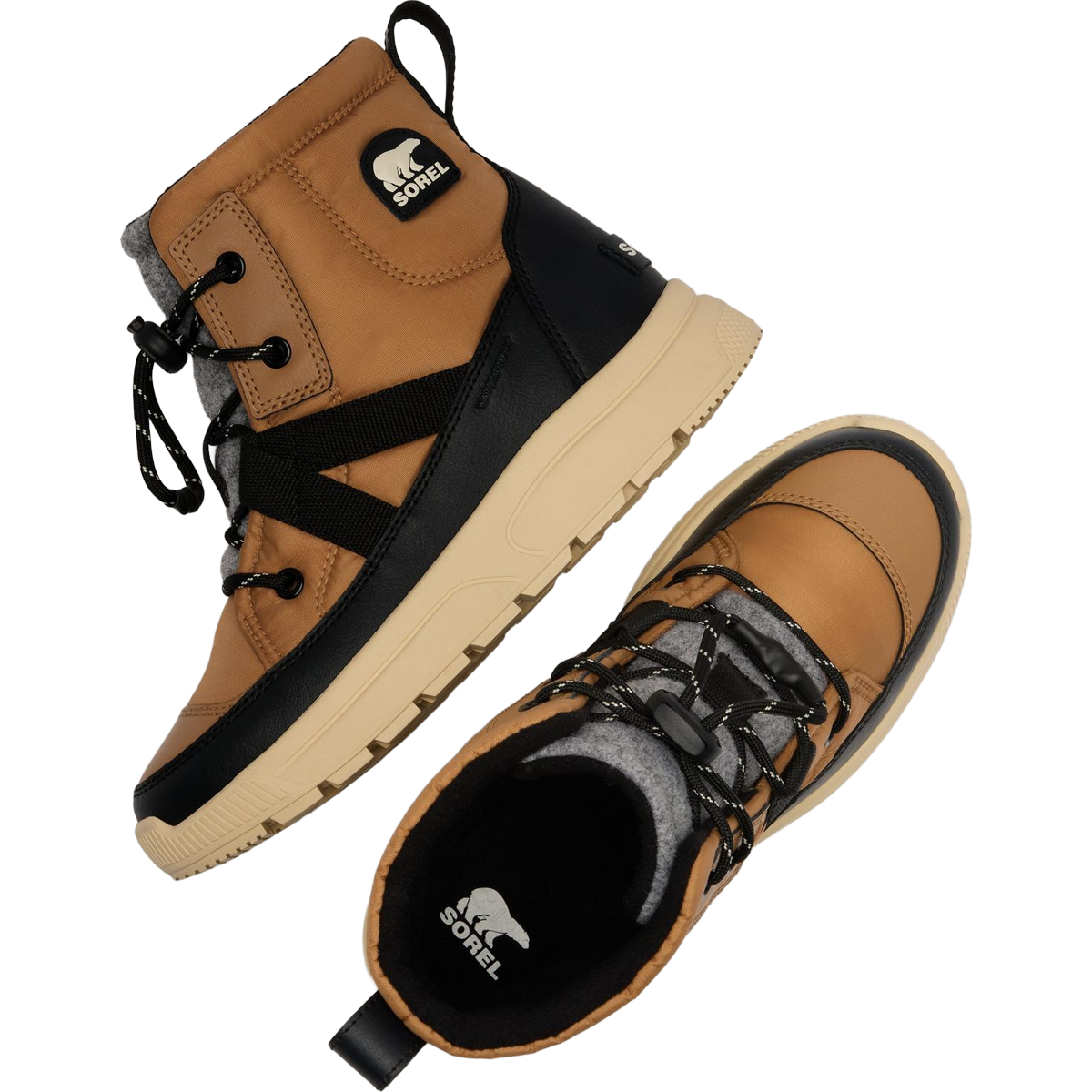 Sorel Big Kids Whitney III Mid Winter Boot in Tawny Buff Bleached Ceramic top and lateral view