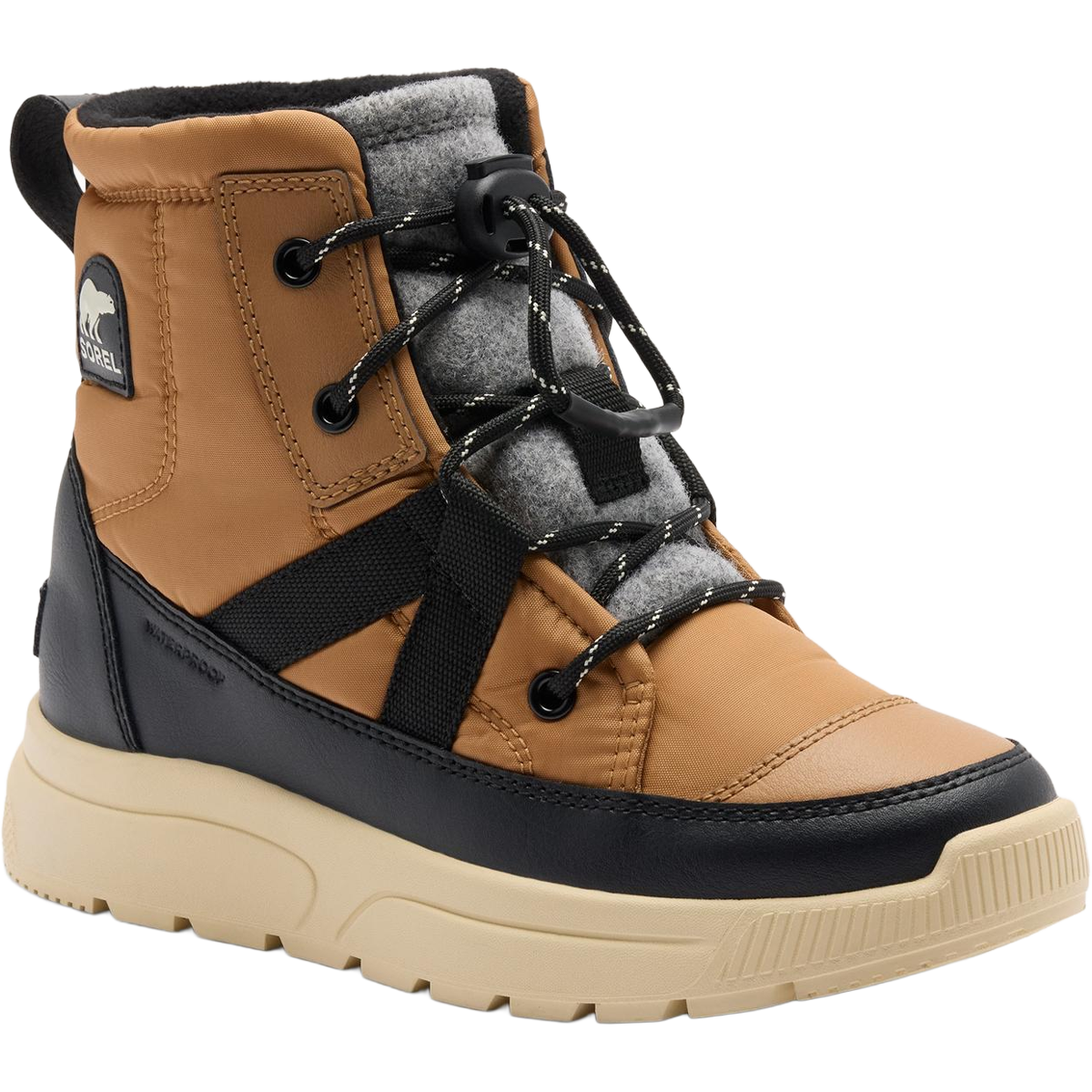 Sorel Big Kids Whitney III Mid Winter Boot in Tawny Buff Bleached Ceramic angled