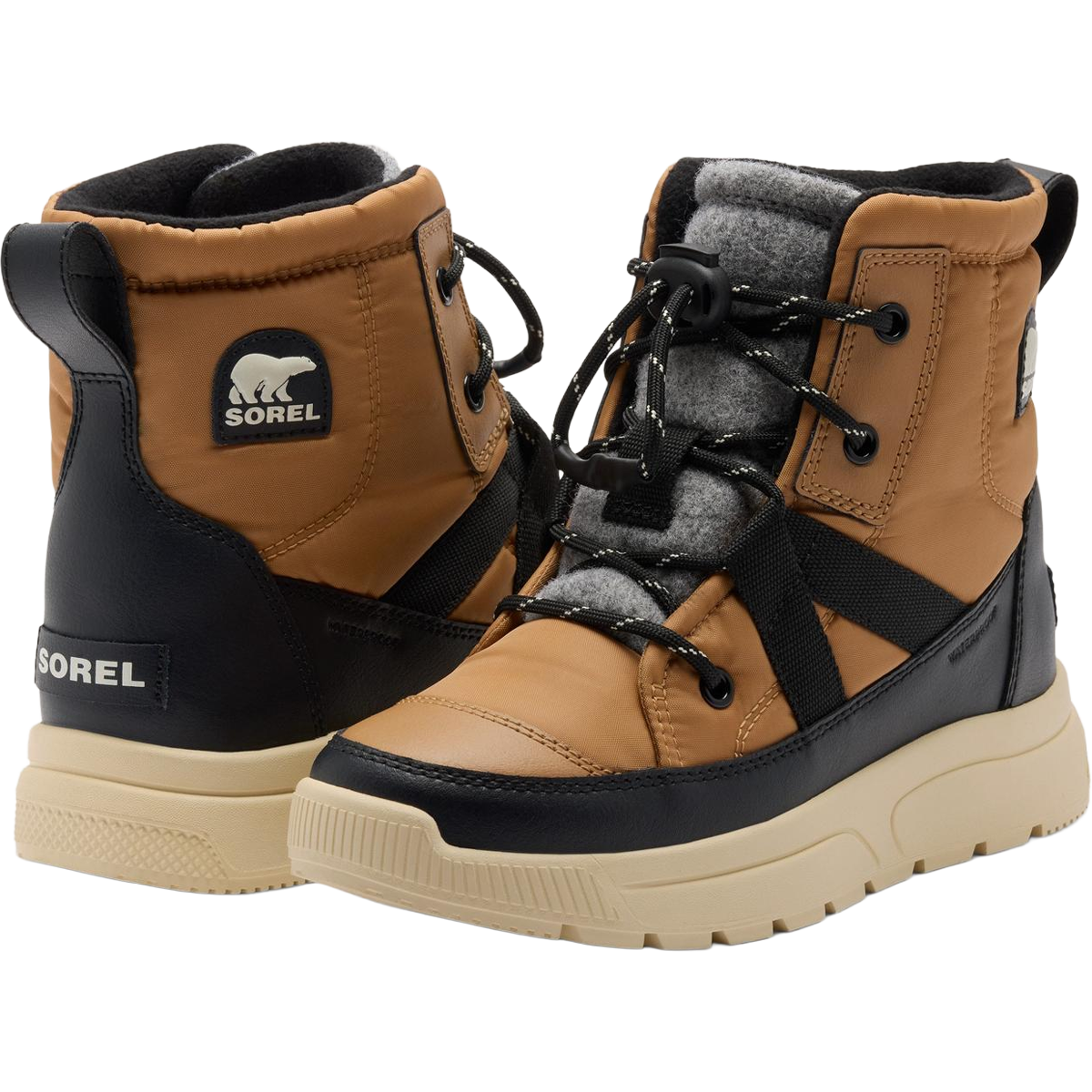 Sorel Big Kids Whitney III Mid Winter Boot in Tawny Buff Bleached Ceramic front and back detail