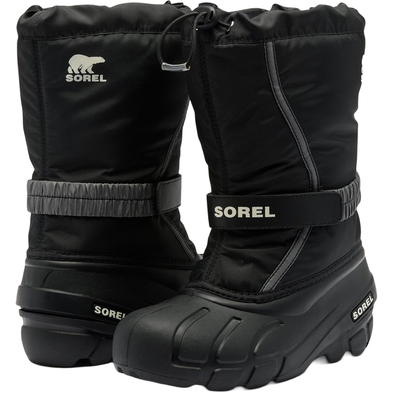 Sorel Big Kids Flurry in Black Sea Salt front and back with logo detail