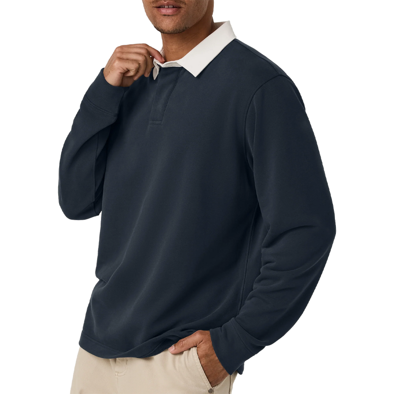 Men's Long Sleeve Cypress Rugby, Vuori Men's Long Sleeve Cypress Rugby in Navy angled view on model