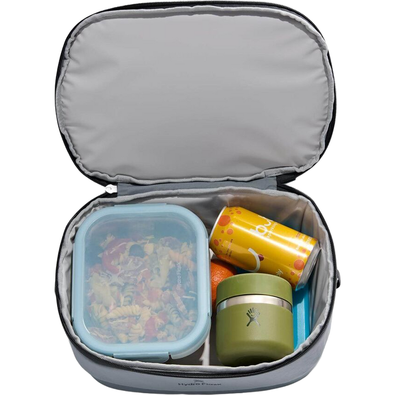 Carryout Lunch Box, Hydro Flask Carryout Lunch Box in Shale Grey with lid open and contents