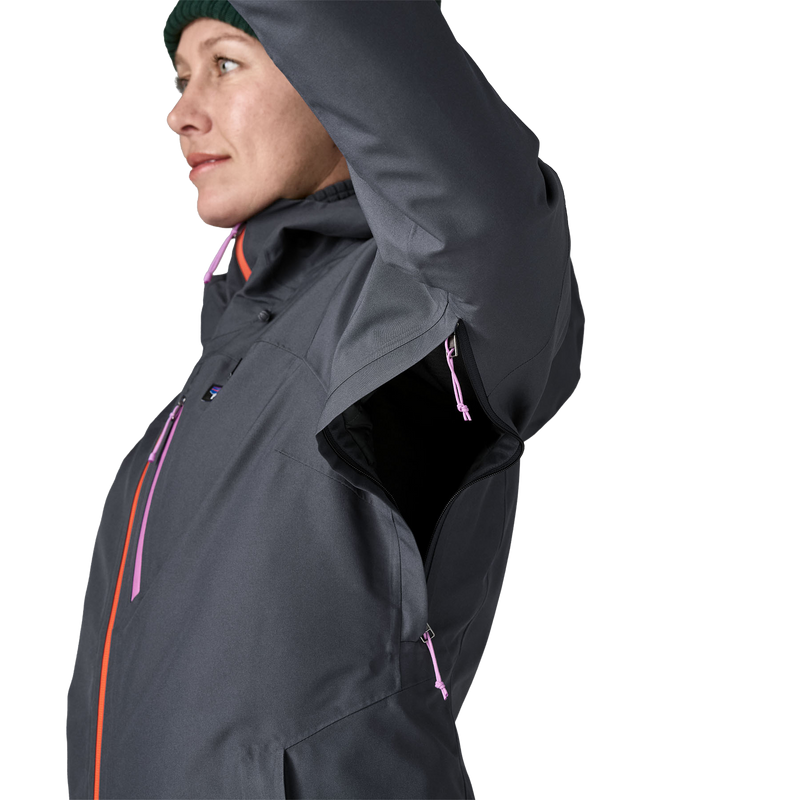 Women's Insulated Powder Town Jacket, Patagonia Women's Insulated Powder Town Jacket in SBPE Smolder Blue w/Orange peal pit zipper vent