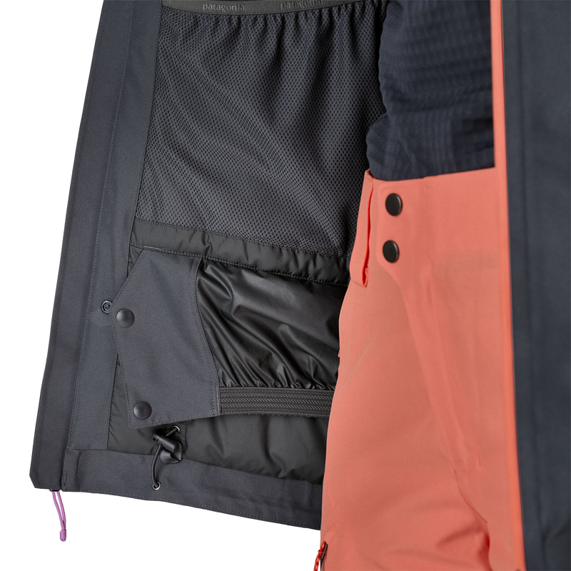 Women's Insulated Powder Town Jacket, Patagonia Women's Insulated Powder Town Jacket in SBPE Smolder Blue w/Orange peal right inner liner and powder skirt