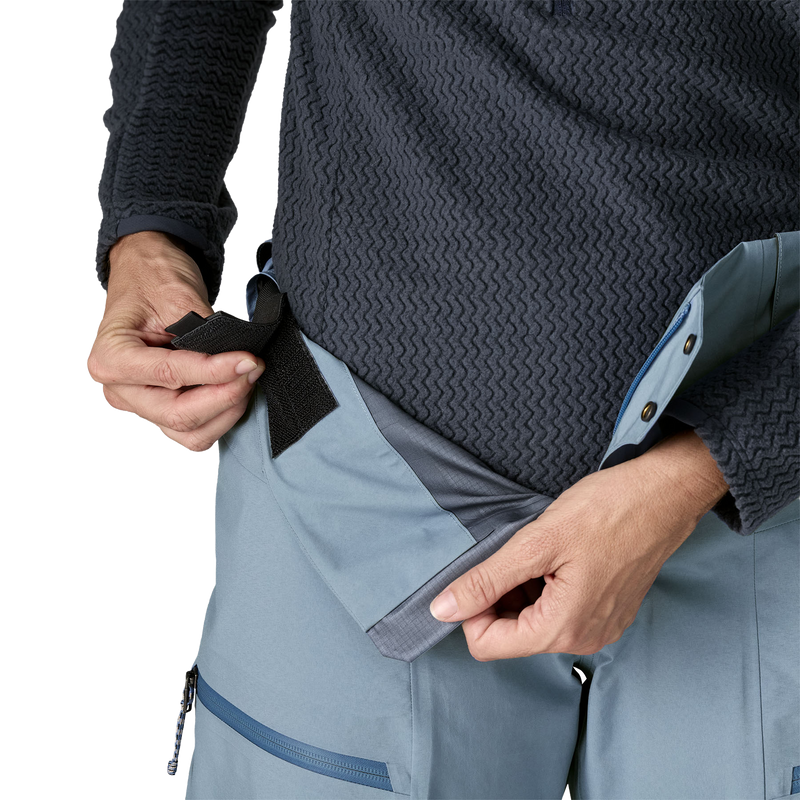 Women's PowSlayer Gore-Tex Pants, Patagonia Women's PowSlayer Gore-Tex Pants in BNLB-Barnacle Blue waist adjustment tab