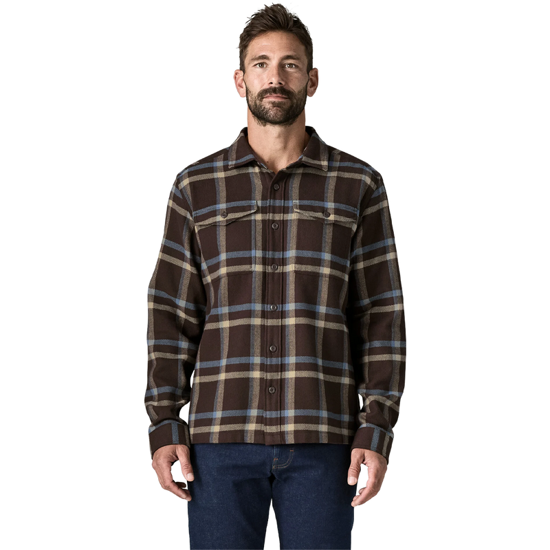Men's Fjord Flannel Shirt, Patagonia Men's Fjord Flannel Shirt in Crossing Den Brown front view on model