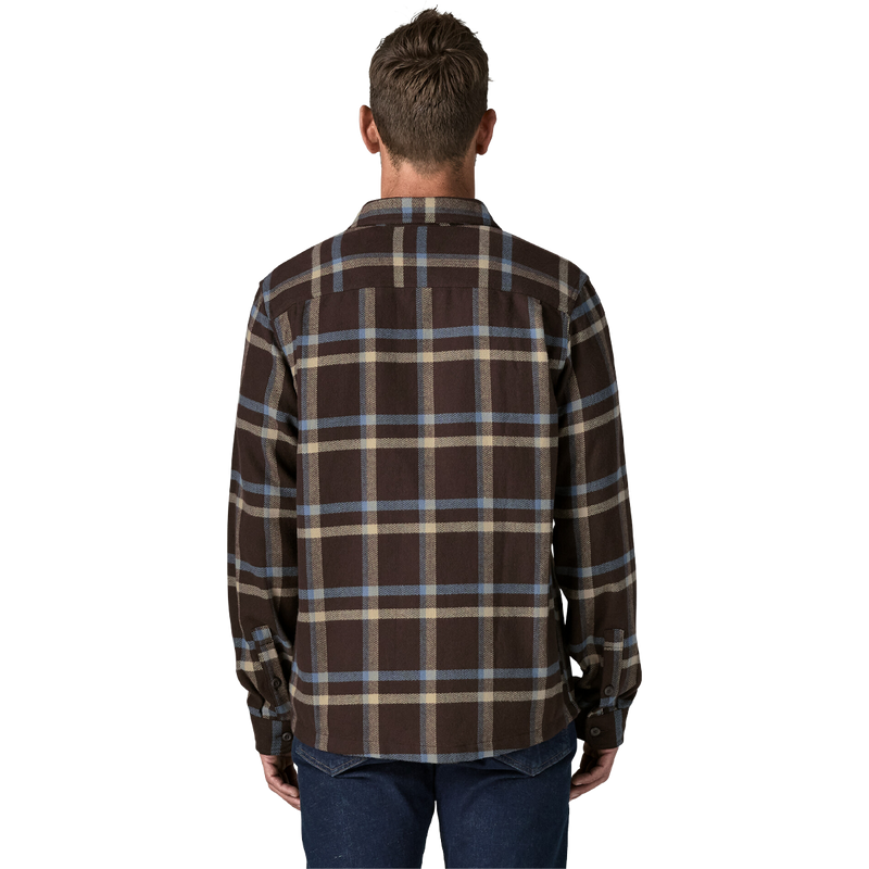 Men's Fjord Flannel Shirt, Patagonia Men's Fjord Flannel Shirt in Crossing Den Brown back view on model
