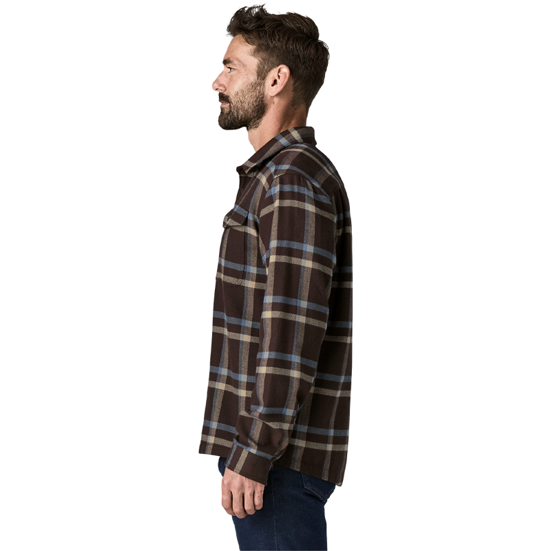 Men's Fjord Flannel Shirt, Patagonia Men's Fjord Flannel Shirt in Crossing Den Brown side view on model