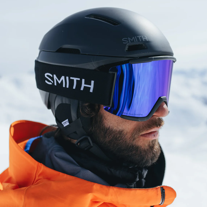 Squad XL PhotoChromic Replacement Lens, Smith Sport Optics Squad XL Goggle with helmet on rider