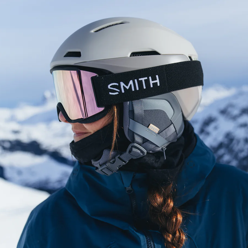 Squad Replacement Lens, Smith Sport Optics Squad Goggle with helmet on rider