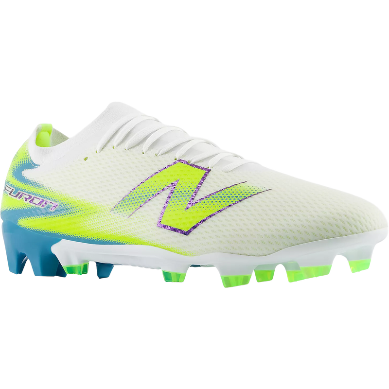 Furon Team V9 FG Wide, New Balance Furon Team V9 FG Wide in White Alkaline Green angled view