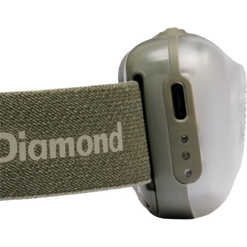 Stella-R Headlamp, Black Diamond Stella-R Headlamp in Pine Smoke with USB-C detail