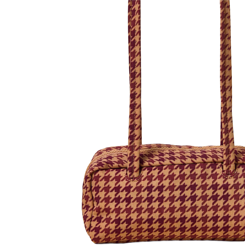 Small Nylon Bowler Bag, Baggu Small Nylon Bowler Bag in Tan Houndstooth fabric detail