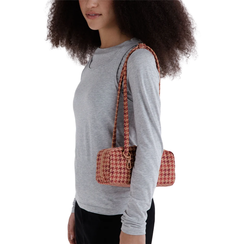 Small Nylon Bowler Bag, Baggu Small Nylon Bowler Bag in Tan Houndstooth on model