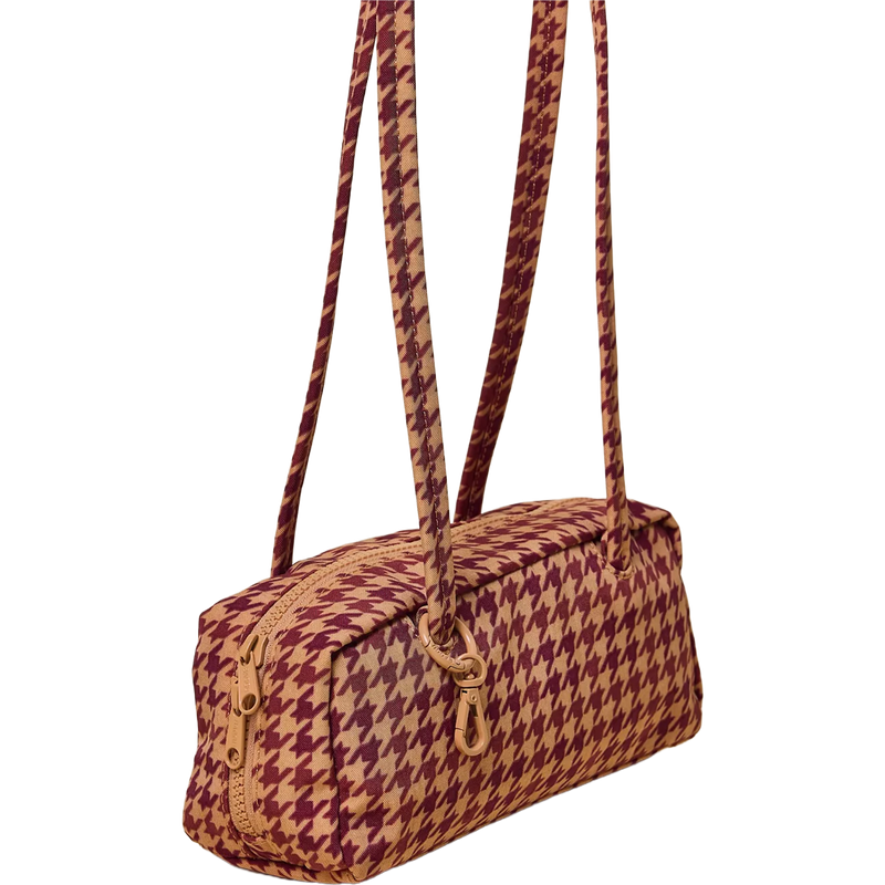Small Nylon Bowler Bag, Baggu Small Nylon Bowler Bag in Tan Houndstooth angled view