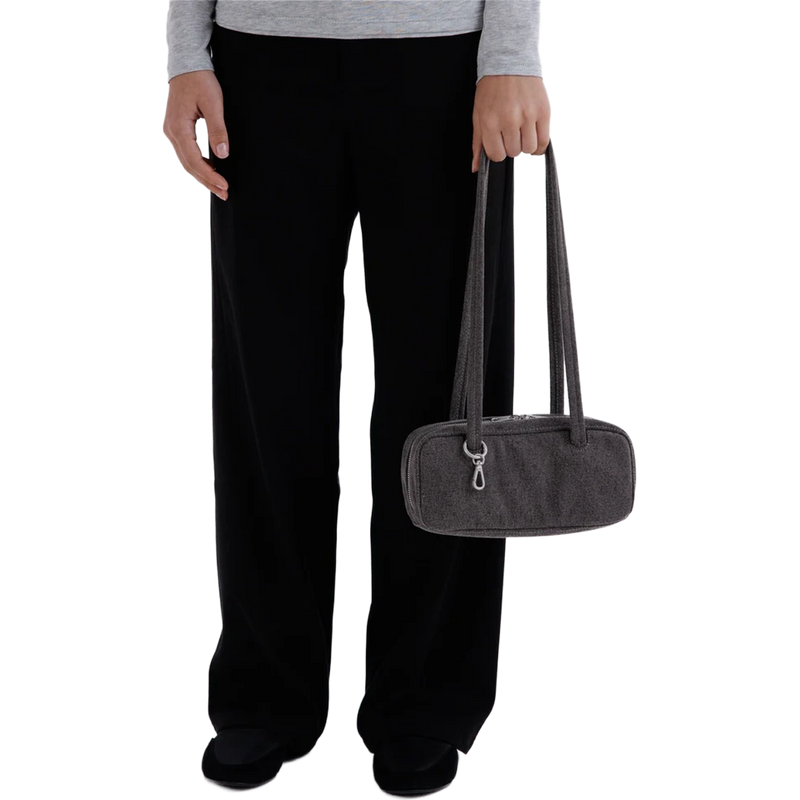 Small Denim Bowler Bag, Baggu Small Denim Bowler Bag in Washed Black Denim on model for size reference