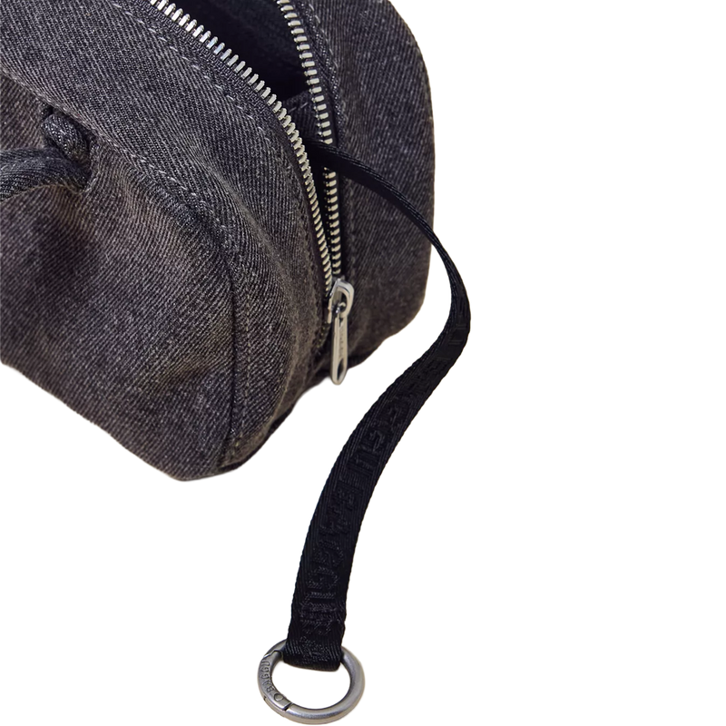 Small Denim Bowler Bag, Baggu Small Denim Bowler Bag in Washed Black Denim with key leash detail