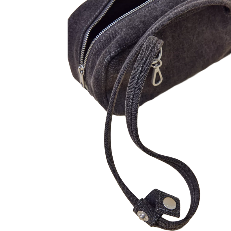 Small Denim Bowler Bag, Baggu Small Denim Bowler Bag in Washed Black Denim strap detail and stitch
