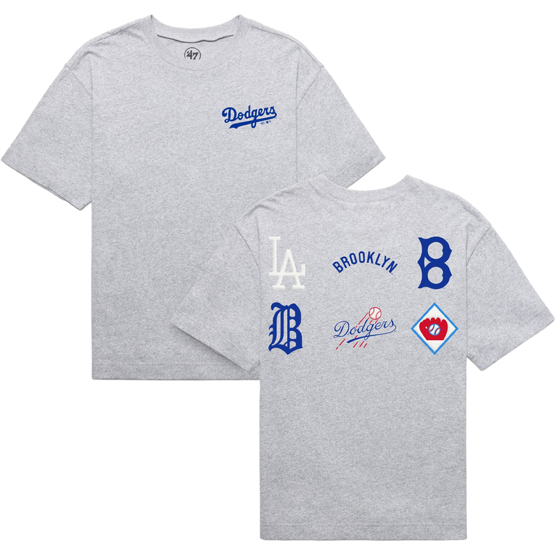 Men's Dodgers History Lock Foundation Tee, 47 Brand Men's Dodgers History Lock Foundation Tee in Quartz Grey front back sided by side