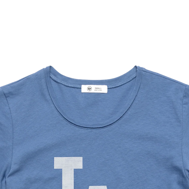 Women's Dodgers Premier Franklin Tee, 47 Brand Women's Dodgers Premier Franklin Tee in Cadet Blue collar and stitch detail
