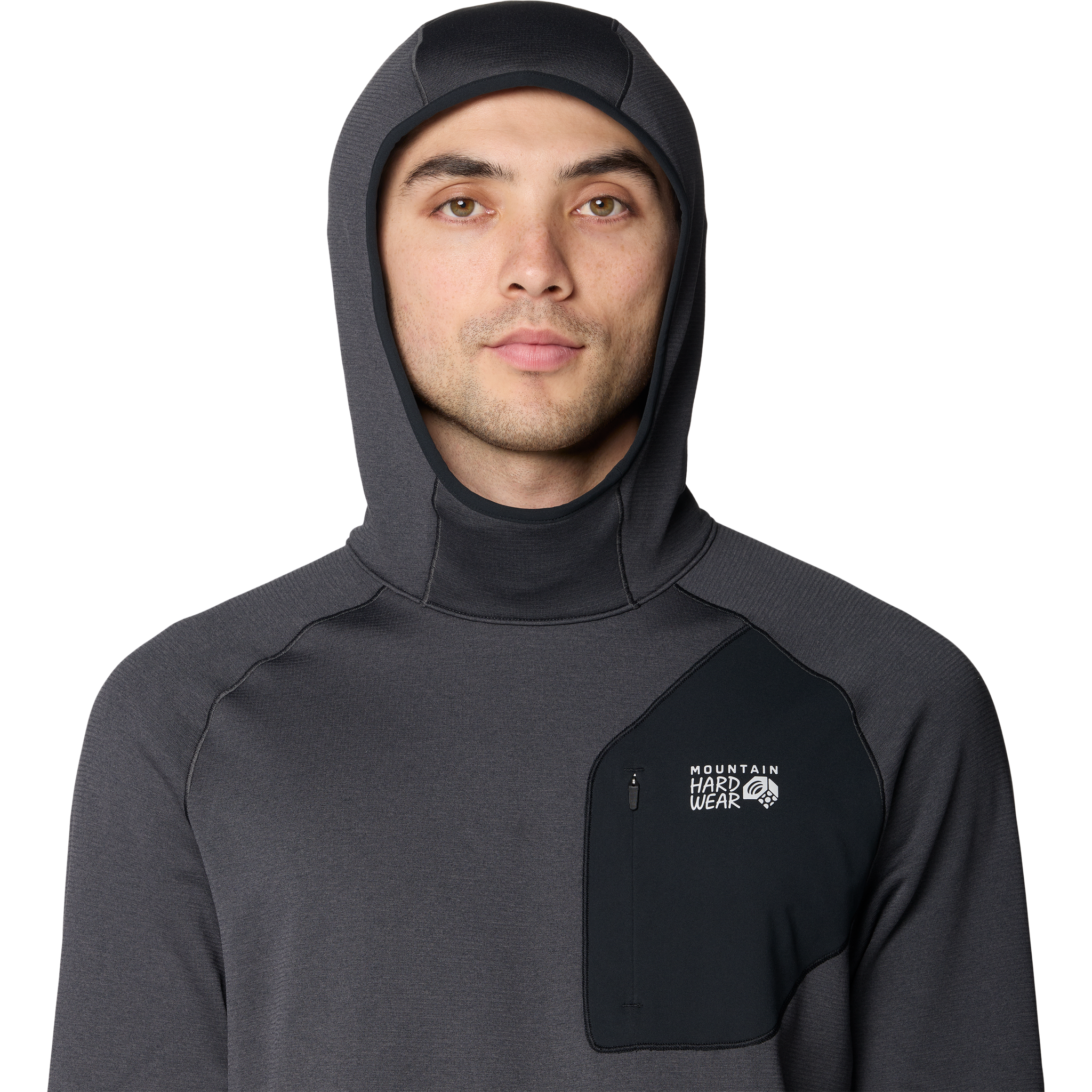 Mountain Hardwear Men's Up First Tech Fleece Hoody Front hood on Model