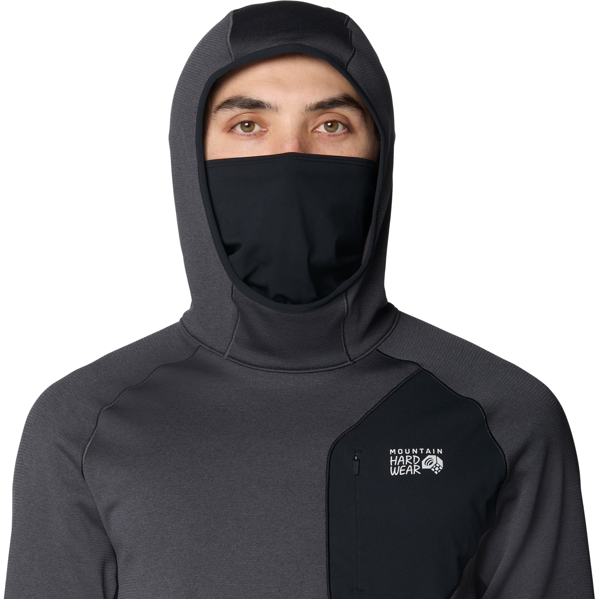 Mountain Hardwear Men's Up First Tech Fleece Hoody with face cover on