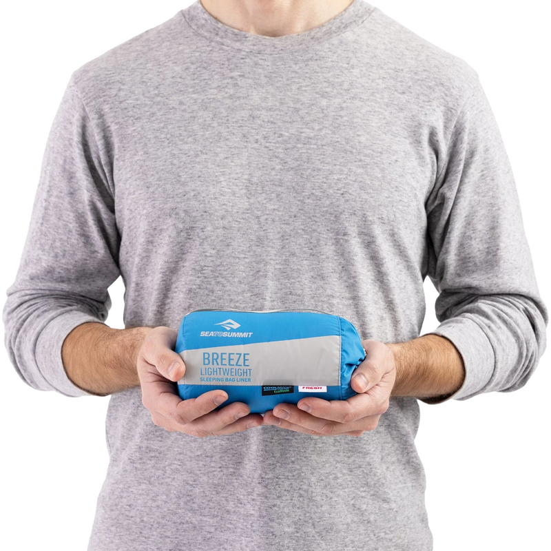 Breeze Lightweight Rectangular Liner with Pillow Sleeve, Sea to Summit Breeze Lightweight Liner in hand