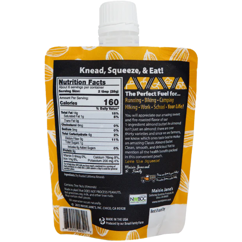 Easy Eat Nut Butter Pouches, Maisie Janes Easy Eat Nut Butter Pouches back of package Classic Almond Butter