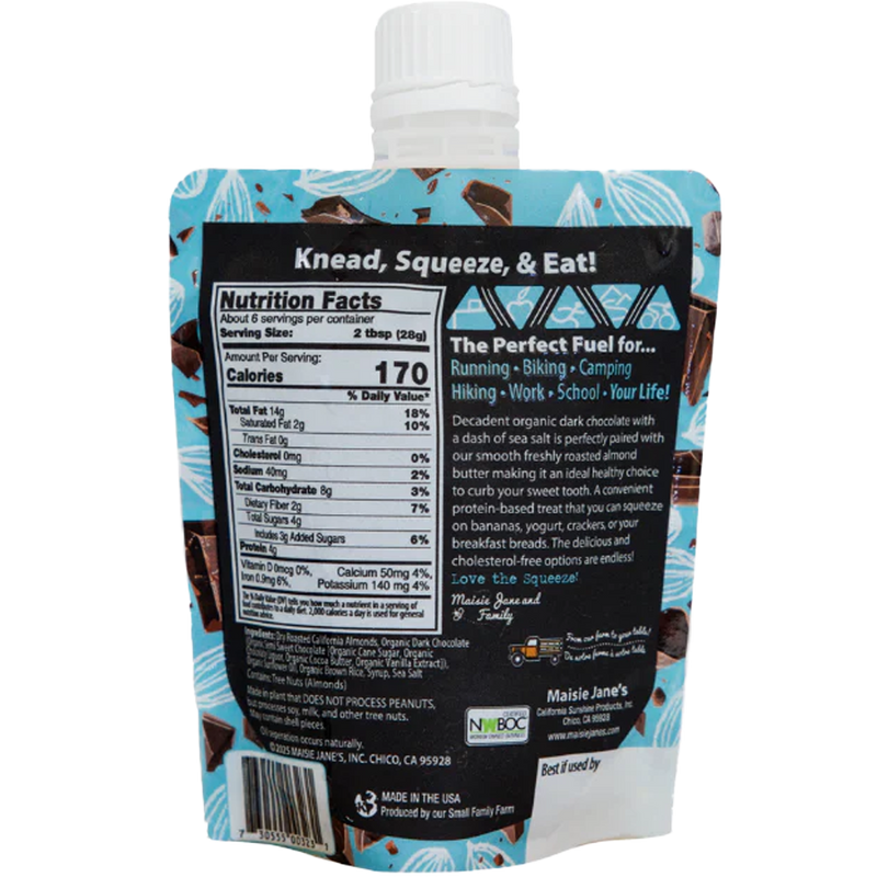 Easy Eat Nut Butter Pouches, Maisie Janes Easy Eat Nut Butter Pouches back of package Salted Dark Chocolate Almond Butter