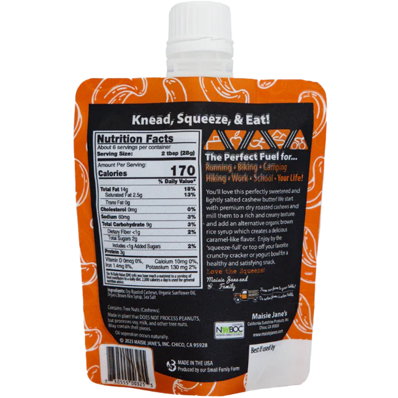 Easy Eat Nut Butter Pouches, Maisie Janes Easy Eat Nut Butter Pouches back of package Sweet & Salty Cashew Butter