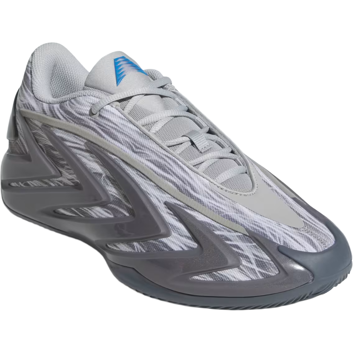 Adidas Men's Anthony Edwards 3 'Snow Camo' in Stone Onix Night Grey angled view