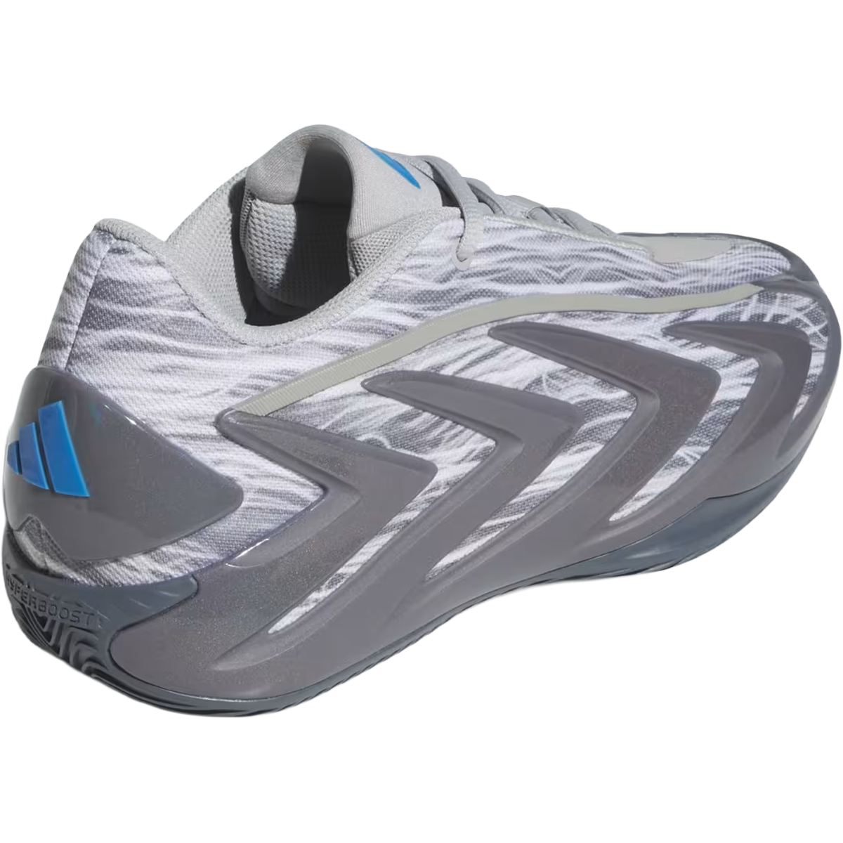 Adidas Men's Anthony Edwards 3 'Snow Camo' in Stone Onix Night Grey lateral view with heel detail