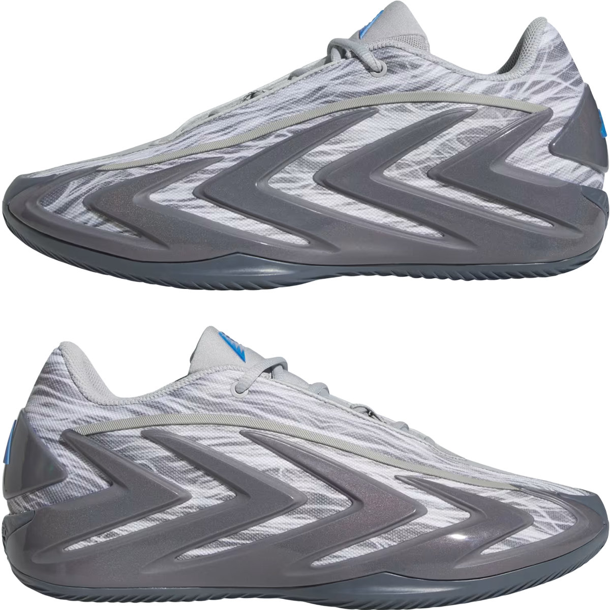 Adidas Men's Anthony Edwards 3 'Snow Camo' in Stone Onix Night Grey side by side top to bottom