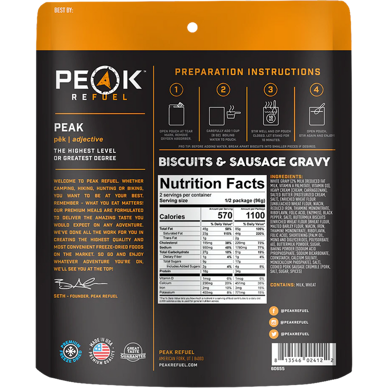 Biscuits & Sausage Gravy (2 Servings), Peak Refuel Biscuits & Sausage Gravy (2 Servings) back of package