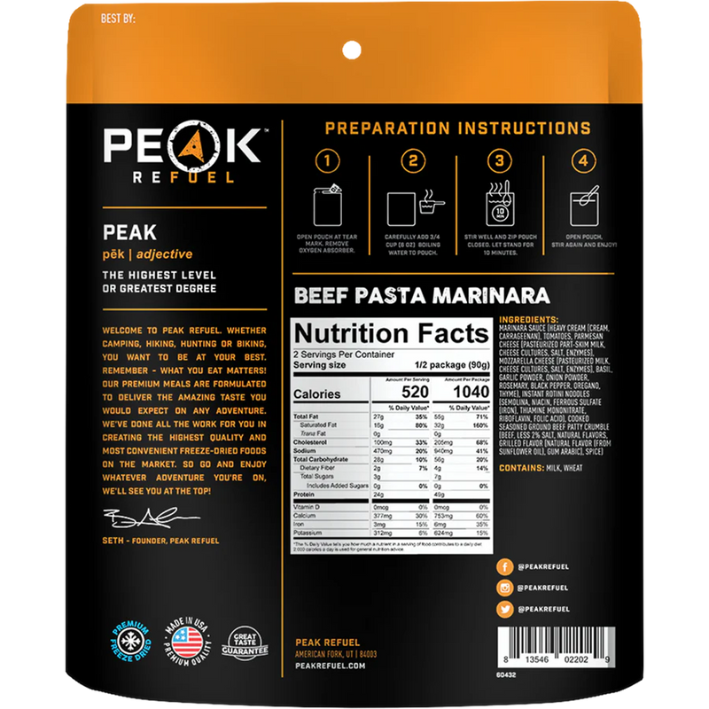 Beef Pasta Marinara (2 Servings), Peak Refuel Beef Pasta Marinara (2 Servings) back of package