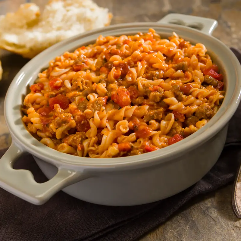 Beef Pasta Marinara (2 Servings), Peak Refuel Beef Pasta Marinara (2 Servings) in bowl