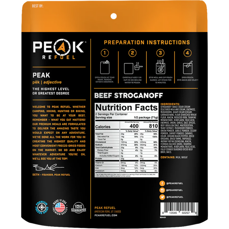 Beef Stroganoff (2 Servings), Peak Refuel Beef Stroganoff (2 Servings) back of package