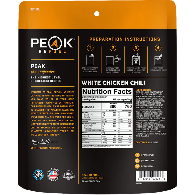 White Chicken Chili (2 Servings), Peak Refuel White Chicken Chili (2 Servings) back of package