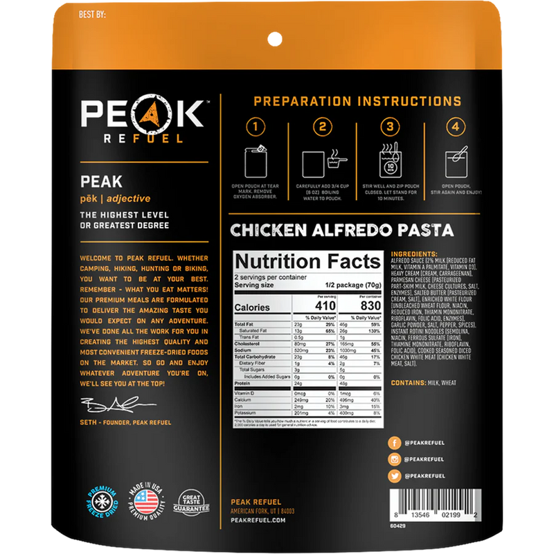 Chicken Alfredo (2 Servings), Peak Refuel Chicken Alfredo (2 Servings) back of package