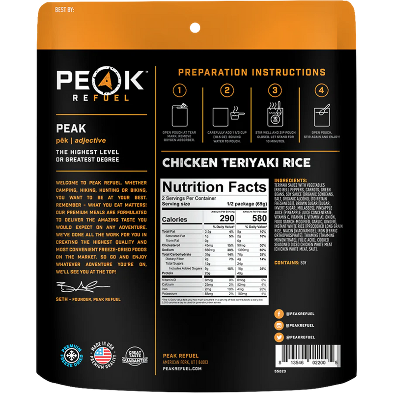 Chicken Teriyaki Rice (2 Servings), Peak Refuel Chicken Teriyaki Rice (2 Servings) back of package