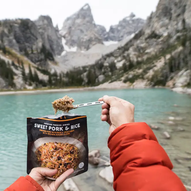 Sweet Pork & Rice (2 Servings), Peak Refuel Sweet Pork & Rice (2 Servings) in hand