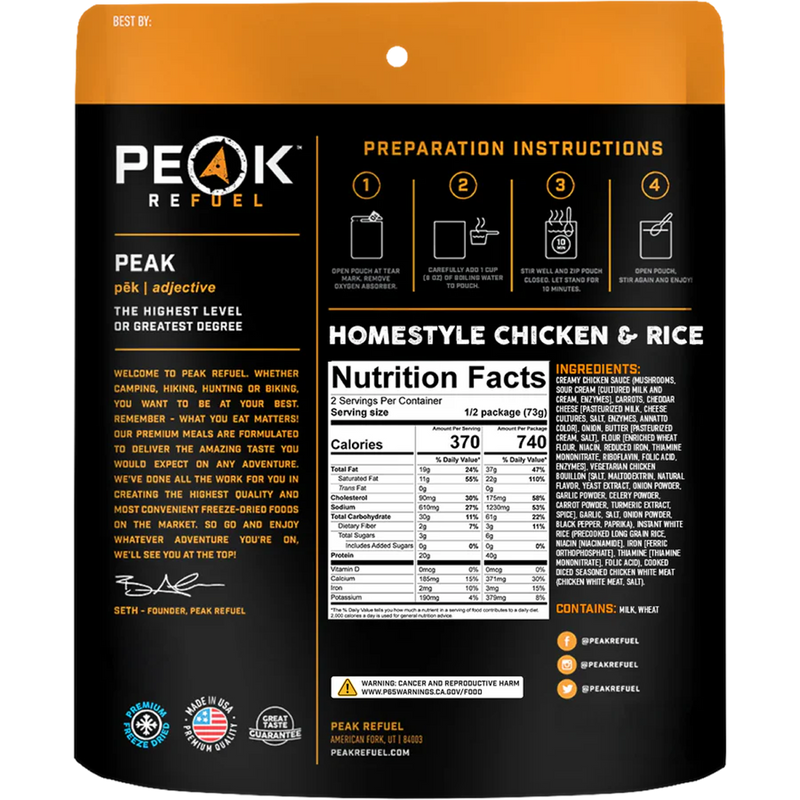 Homestyle Chicken & Rice (2 Servings), Peak Refuel Homestyle Chicken & Rice (2 Servings) back of package